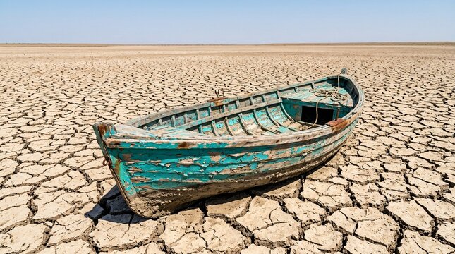 Weathered wooden rowboat stranded helplessly on severely cracked and arid mud flats features peeling vibrant turquoise paint in sunlight.