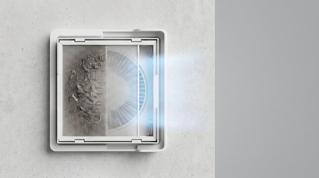 Air space divided between dusty particulate and clear filtered air, indoor air pollution and air quality contrast concept art horizontal with copy space