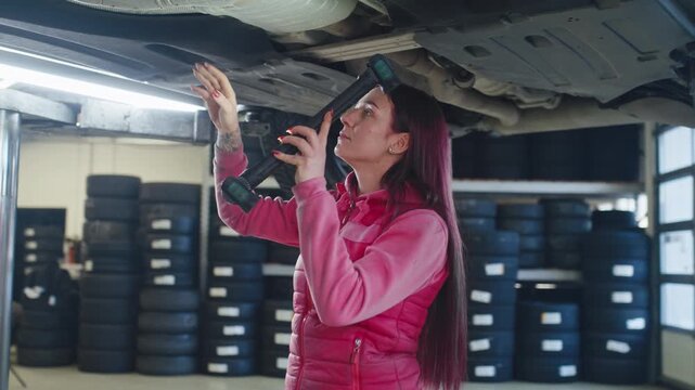 Female mechanic inspecting the underside of a vehicle, diagnosing breakdown problems with the chassis, suspension, and exhaust system.