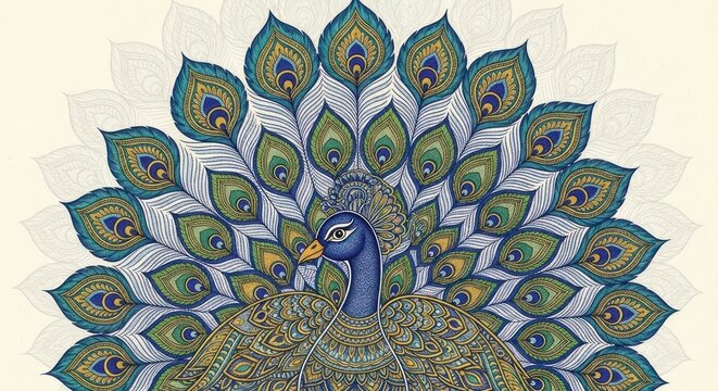 Exquisite Peacock Displaying Vibrant Plumage in Intricate Artistic Illustration.