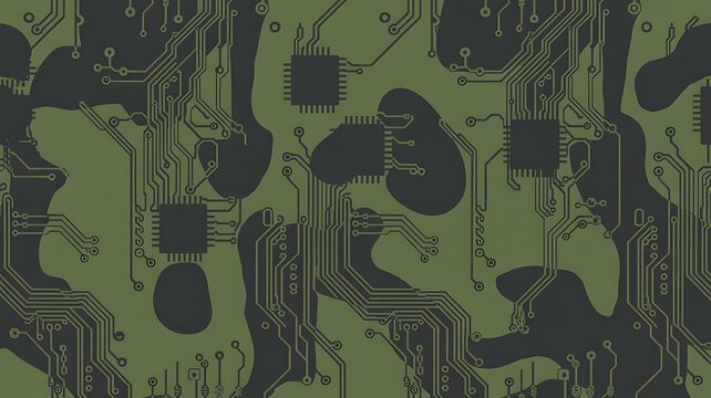 Digital motherboard pattern featuring integrated electronic circuits on dark olive green military camouflage background texture design