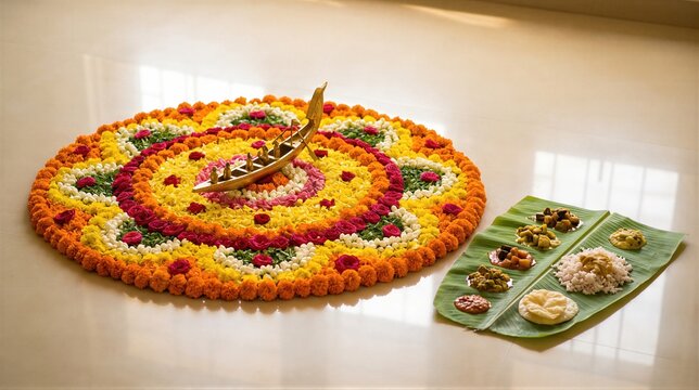 Pookalam floral carpet with golden boat model and traditional vegetarian feast on banana leaf for Onam festival. Vibrant petal decoration for Indian harvest celebration and culture.