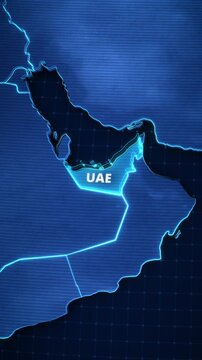 Vertical digital map animation of the United Arab Emirates, Middle East featuring a pulsating neon highlight and a travel and presentation-style graphic template.
