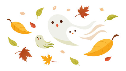 Fototapeta premium Cute cartoon ghosts floating with falling autumn leaves halloween background concept halloween background seasonal trending illustration friendly whimsical decorative minimalist wallpaper