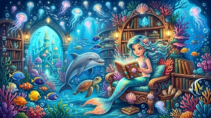Fototapeta premium Magical Mermaid Reading Books in an Underwater Library – Children's Fantasy Illustration