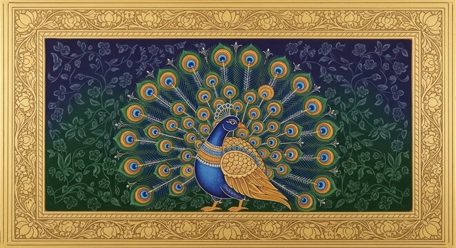 Exquisite Peacock Displaying Vibrant Plumage in Ornate Frame.