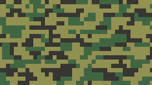 Digital camouflage pattern featuring green brown and olive rectangular blocks arranged in a repeating military design