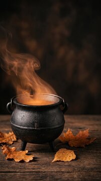 A steaming black cauldron on a rustic wooden table surrounded by autumn leaves, evoking a cozy or magical atmosphere.