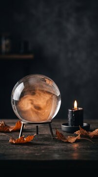 A mystical glass sphere with swirling smoke and a lit candle, surrounded by autumn leaves on a dark table.