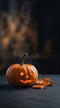 A spooky jack-o'-lantern with a carved face, illuminated from within, sits beside dry autumn leaves under a delicate spiderweb, set against a dark, atmospheric background, evoking Halloween.