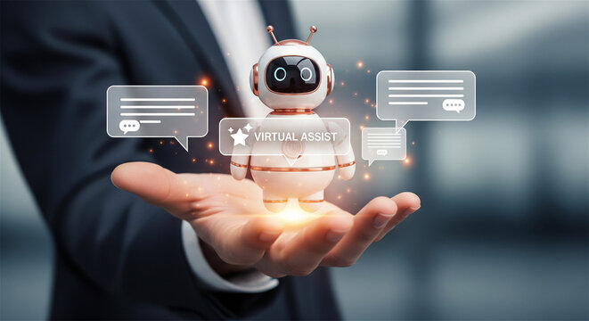 AI chatbot assistant in businessman hand, virtual assistant robot with chat bubbles, artificial intelligence customer service concept