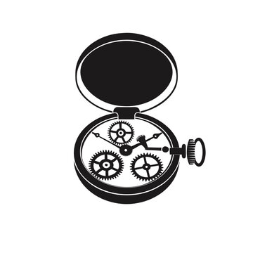 Vintage pocket watch vector icon, antique open timepiece with internal gears, classic mechanical clockwork illustration for history and horology