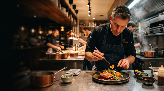 Master Chef's Creation: A focused chef meticulously garnishes a gourmet dish in a bustling restaurant kitchen, surrounded by copper pots and fellow culinary artists.