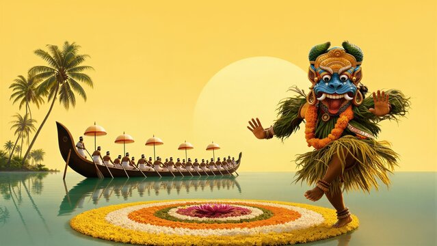 Kathakali performer dancing on floral rangoli during Onam festival. Traditional snake boat race in backwater of Kerala. Indian cultural celebration with ritual mask and folk costume.