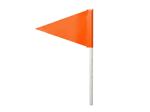 Orange safety flag pennant marker standing isolated on white background for construction caution warning location marking survey equipment hazard indicator signal object symbol icon design element.