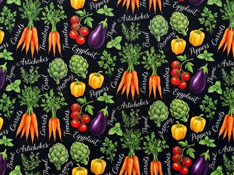 Seamless pattern of fresh vegetables and herbs on black background