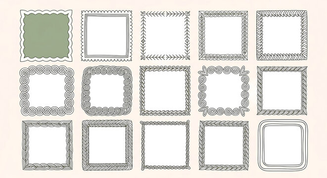 Hand drawn frames and decorative borders in a doodle square frame style featuring sketched line art and an ornamental collection for invitation