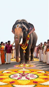 Decorated elephant walking in procession at Onam festival. People wearing traditional Indian clothing following majestic animal on road with flower pookalam. Indian cultural heritage.