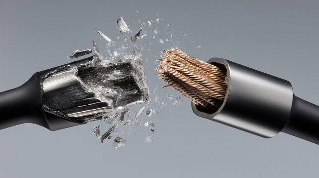 Broken electrical power cable with exposed copper conductors, severed insulation and damaged wiring illustrating electrical failure, repair and infrastructure damage