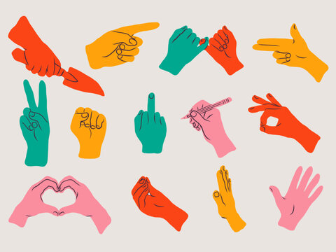 Colorful Hand Gestures Flat Vector Icon Set &mdash; Pointing, Peace, Fist, Heart, Thumbs Signs Illustration Collection