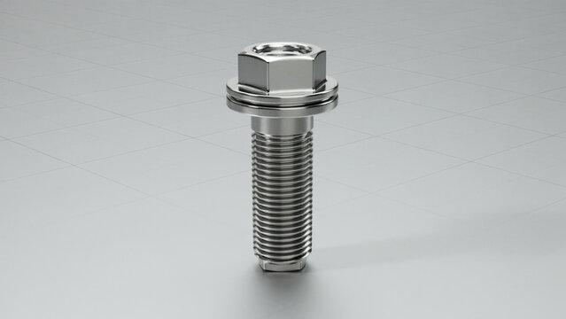 Industrial stainless steel hex bolt with washer, polished chrome metal screw for automotive engineering, heavy duty threaded fastener