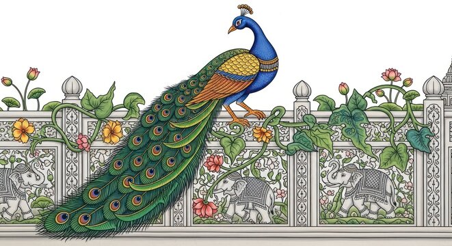 Exquisite Peacock Perched on Ornate Indian Fence with Elephants.