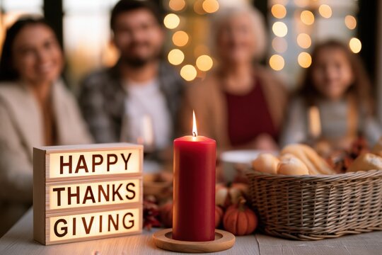 Warm Thanksgiving Gathering with Glowing Candle and Happy Thanks Sign