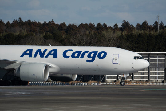 An ANA Cargo Boeing 767 freighter taxiing at Narita International Airport on January 31, 2026 in Narita, Japan.