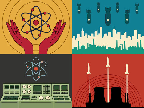 Vintage atomic age grid depicting nuclear energy, science, and warfare