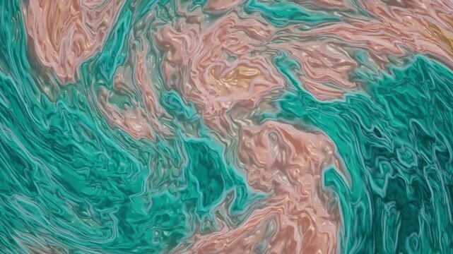 Abstract liquid marbling animation with turquoise and rose gold swirling texture