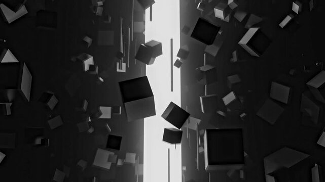 Monochrome Cyber Geometric Emission Cylinder with Floating Cubes Seamless VJ Loop