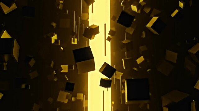 Gold Cyber Geometric Emission Cylinder with Floating Cubes Seamless VJ Loop
