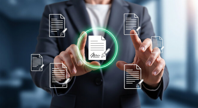 Electronic signature on digital contract, businessman managing online document workflow