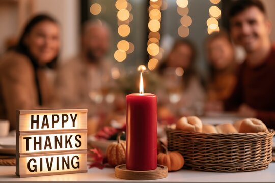 Warm Thanksgiving Gathering with Glowing Candle and Happy Thanks Sign