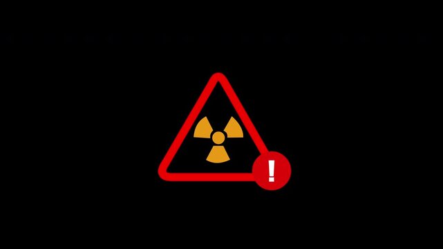 2D Radiation Warning Sign with Red Hazard Triangle and Alert Symbol on Black Background