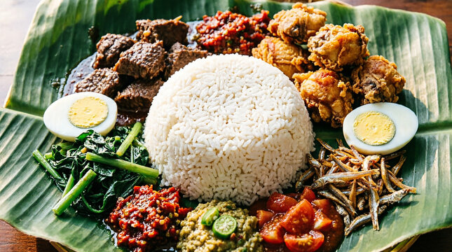 Hearty nasi lemak platter with crispy chicken and beef on green banana leaf.