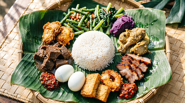 Indonesian nasi campur served on banana leaf with various side dishes.