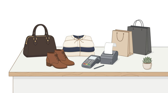 A collection of shopping items including a handbag boots clothing and shopping bags on a counter.