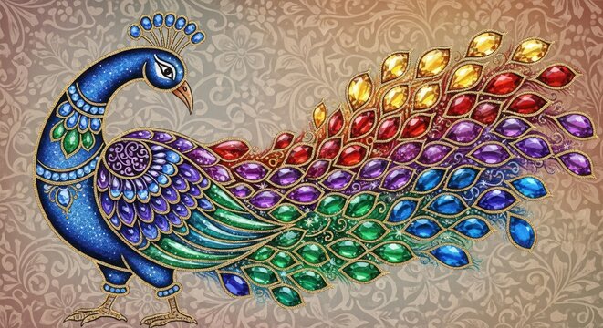 Exquisite Peacock with Jewel-Encrusted Feathers and Intricate Body Details.