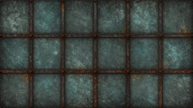 Industrial rusted metal grid background, weathered iron frame with teal patina panels, vintage metallic texture for gaming and design
