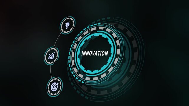 Creative business innovation concept with futuristic lightbulb icon and digital tech UI dashboard graphics.