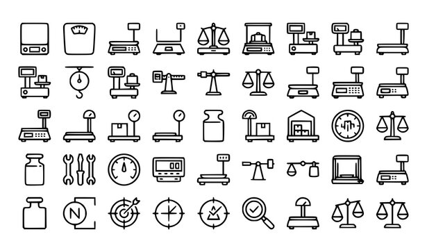 Weight Measurement and Digital Scale Outline Vector Icon Collection with Electronic Industrial Kitchen and Calibration Tools
