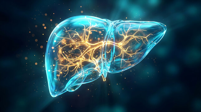 Human Liver Anatomy 3D Medical Illustration Showing Internal Blood Vessels and Glowing Neural Network Structure