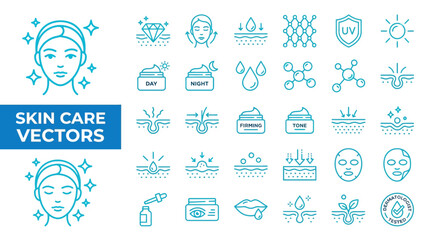 Fototapeta premium Skin care icons set featuring facial treatment products and dermatological procedures in blue gradient line art