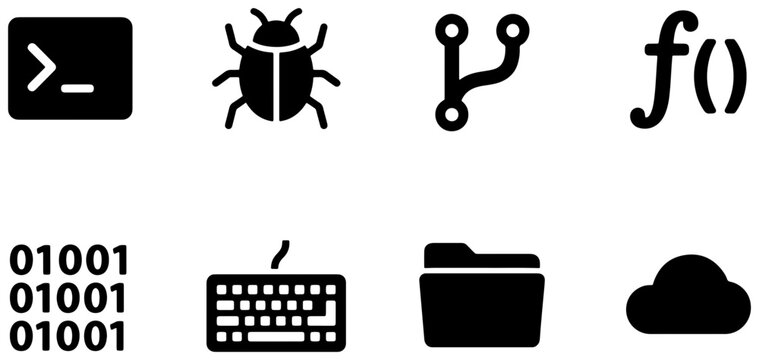 Technology Icons: Command Line, Bug, Git Branch, Function, Binary Code, Keyboard, Folder, Cloud Storage