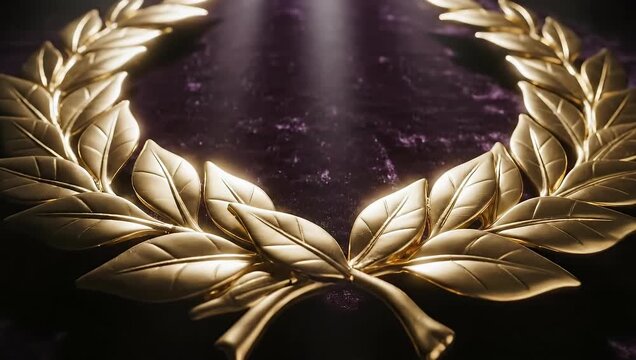 Golden laurel wreath with light rays on purple.