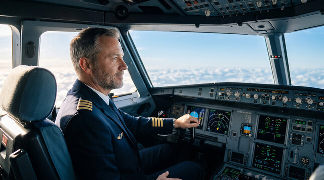 Pilot Navigating the Skies: A seasoned pilot, adorned in a crisp uniform with epaulets, confidently pilots an aircraft from within the cockpit.