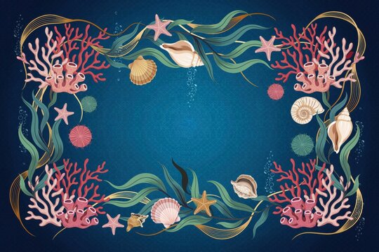 Underwater marine life frame with coral reefs, seashells, starfish, and seaweed on a textured deep blue background, with golden lines