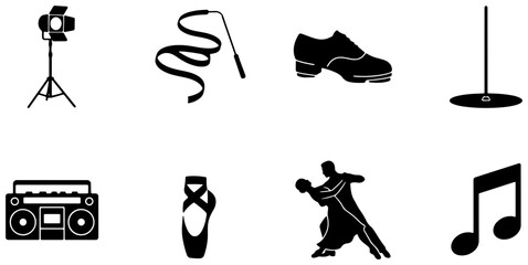 Dance Performance Icons: Spotlight, Ribbon, Tap Shoe, Microphone Stand, Boombox, Ballet Slipper, Ballroom Dancers, Music Note © MdRakib