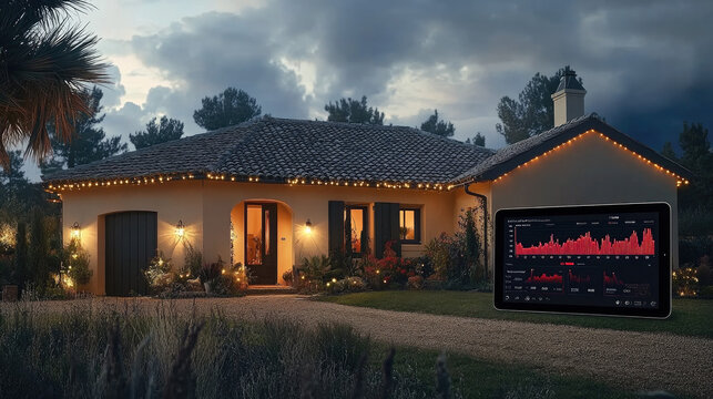 Smart Home Technology: Modern House with Festive Lights and Digital Dashboard Displaying Data